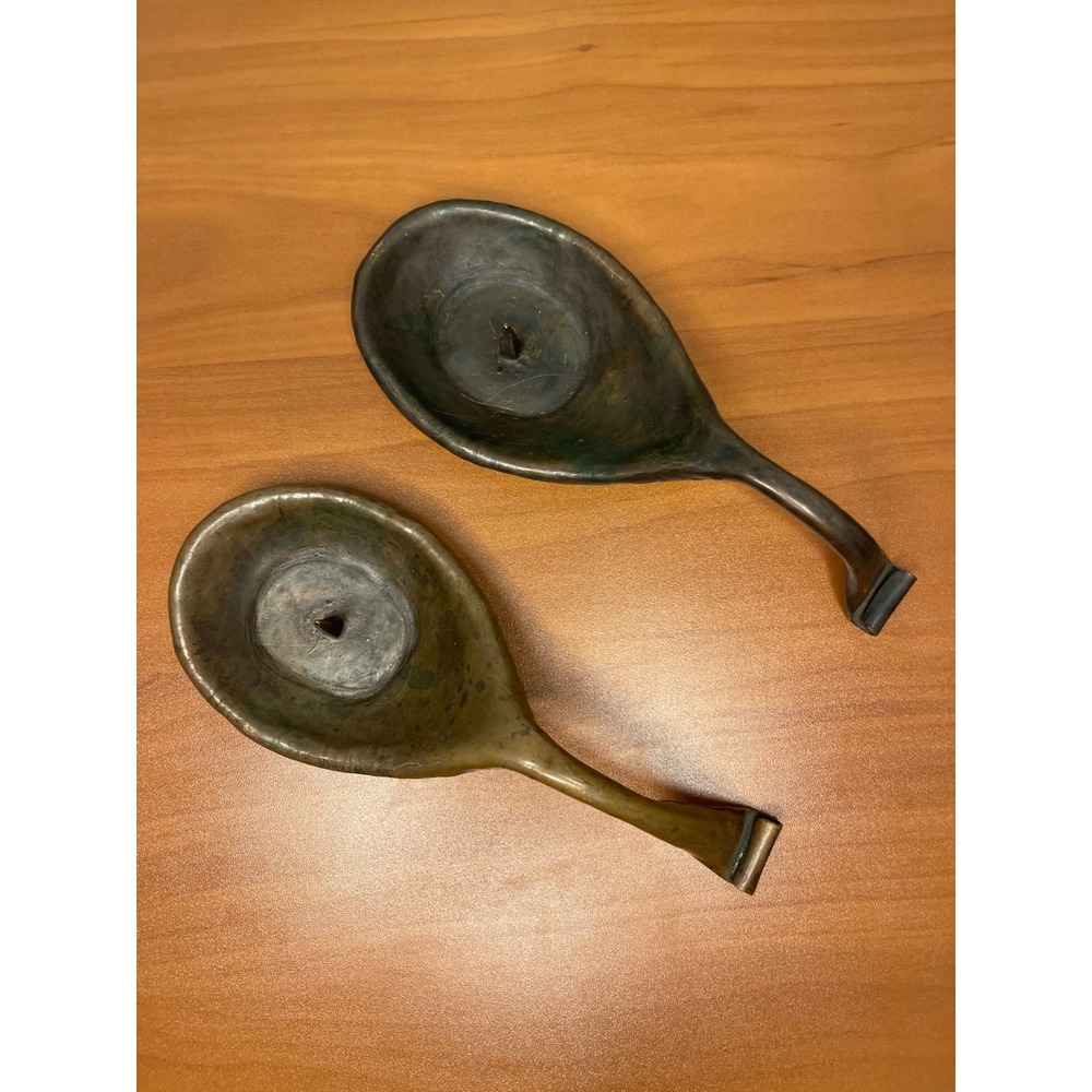 Vintage Hand Forged Copper Spike Candle Holder Pair Rustic Chamberstick Set